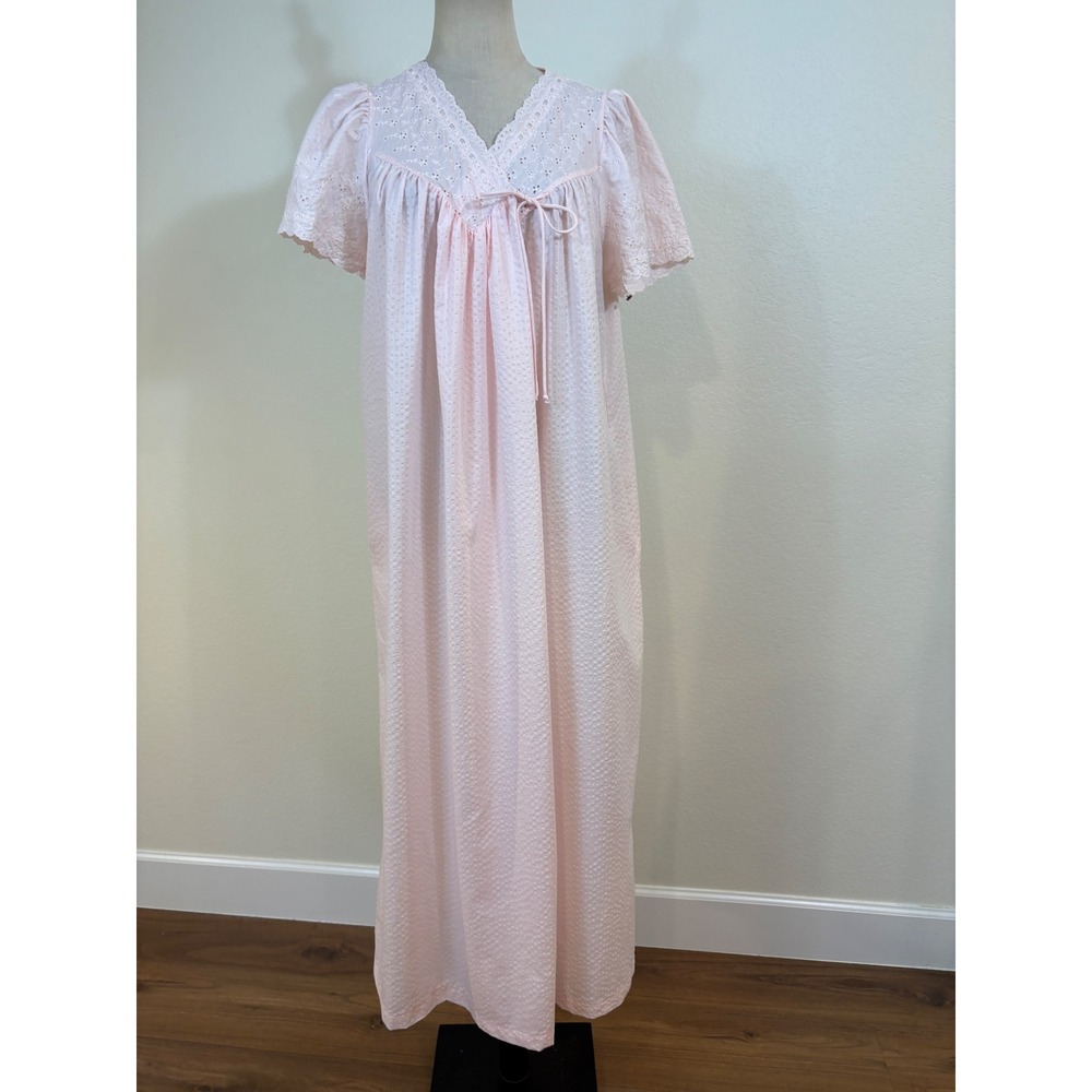 Vtg Gilligan O'Malley Traditional Nightgown L Pink Eyelet Cotton‎ Housecoat zip